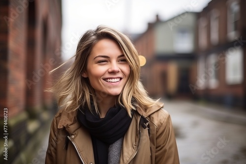 Portrait of a beautiful young woman smiling in a city street. © Stocknterias
