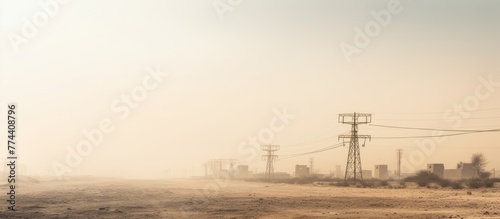 Desert beside of the main road with electricity posts and silhouette buildings photo