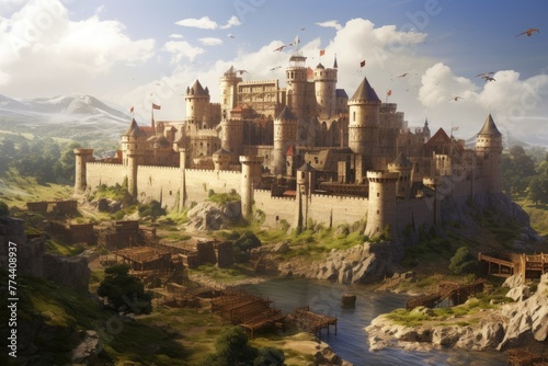 Fortified castle, Construction of a medieval fortified castle ,Historic medieval castle graces a hilltop, embraced by a surrounding moat, Ai generated