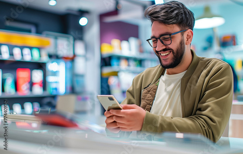 Happy young man shopping for a new smartphone in an electronics store, smiling while sitting at a counter near a shelf with digital products. man wearing glasses inside a modern shop interior