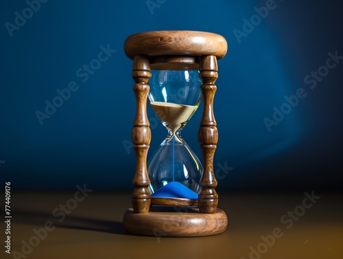 A wooden clock with a blue sand timer on it