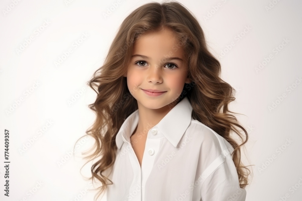 Portrait of a beautiful little girl with long curly hair on a white background Portrait of a beautiful little girl with long curly hair on a white background