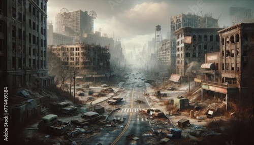 Desolate Urban Landscape of Post-Apocalyptic City Ruins photo
