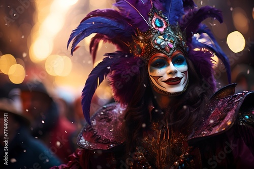 A woman in a costume with a mask on her face and a feather headdress