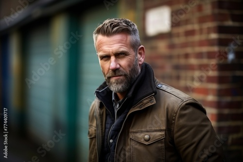 Portrait of a handsome middle-aged man with a beard in a leather jacket.