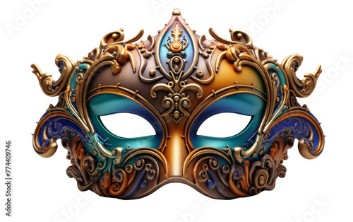 Intricately designed gold and blue mask exudes elegance and mystery