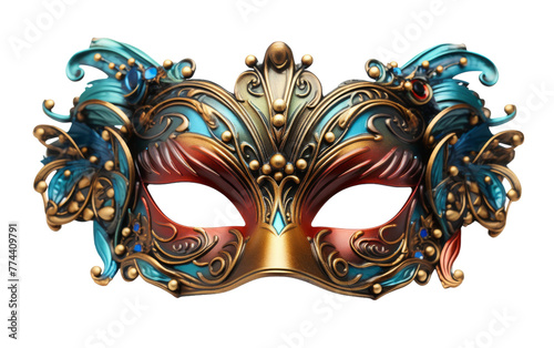 A masquerade mask adorned with vibrant blue and red feathers, exuding mystery and elegance