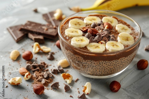 Chia pudding with hazelnut spread and banana in glass bowl on concrete