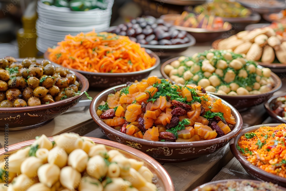 A variety of food items are displayed in bowls, including carrots, potatoes