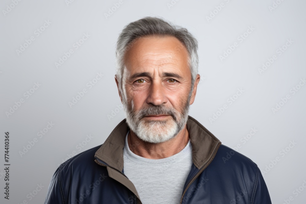 Portrait of a senior man with grey hair and beard wearing a blue leather jacket Portrait of a senior man with grey hair and beard wearing a blue leather jacket