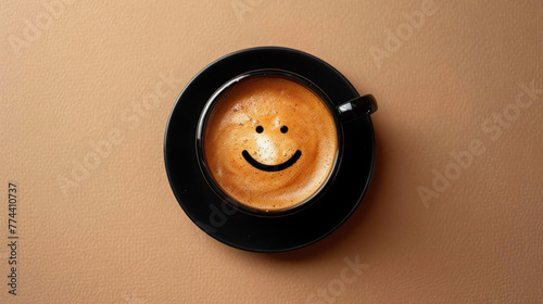 top down view black cup coffee foam forming a smilie brown background table © Jakob