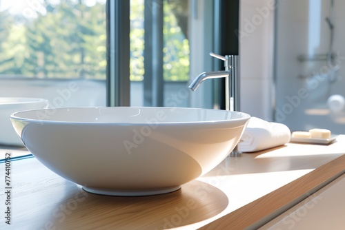 A white bowl sink with a silver faucet sits on a wooden countertop