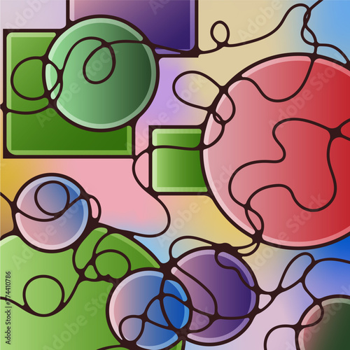 Neurographic art, energy mandala, neurographics, geometric ornament, curved lines, circles and rectangles. Pink, turquoise, violet color. Image of flat figures and tench.