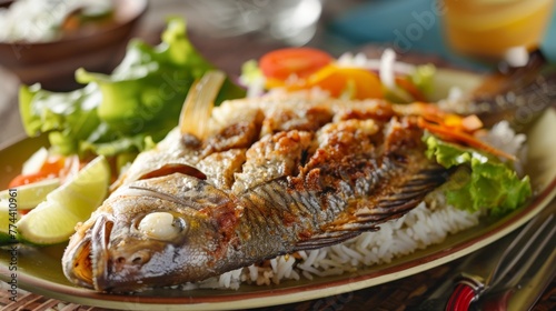 Belizean cuisine. Moharra frita is fried fish with salad and rice.