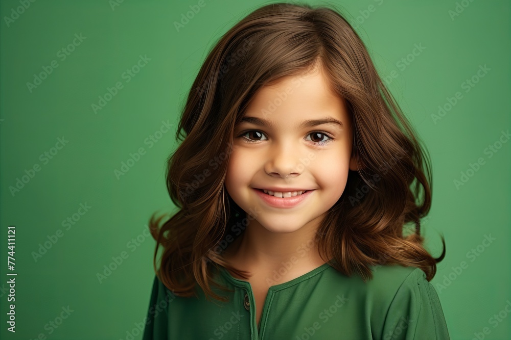 beauty, people and health concept - smiling little girl over green background
