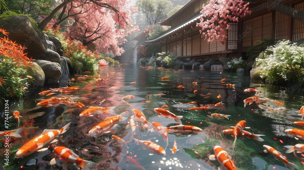 Serene Koi Pond Virtual Reality, generative ai