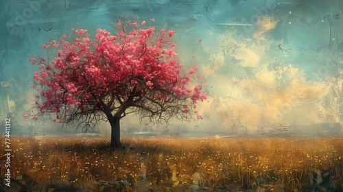 Serene Apple Blossom Tree in Meadow, generative ai