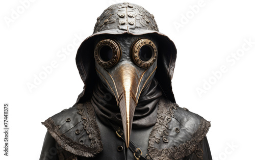 A bird dons a helmet with a long beak, embodying a whimsical warrior-like character in an imaginative world