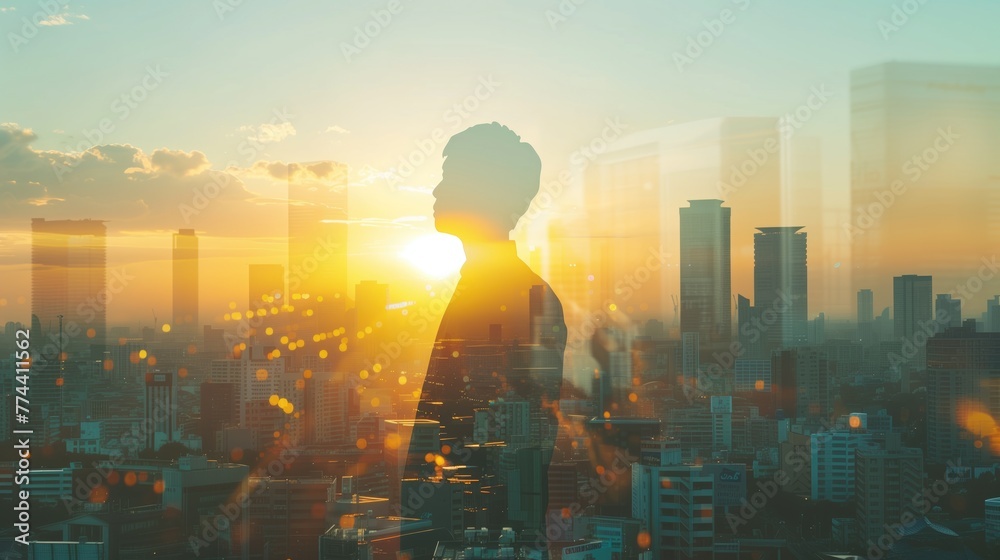 Businessman and cityscape blend in captivating double exposure photography Businessman and cityscape blend in captivating double exposure photography