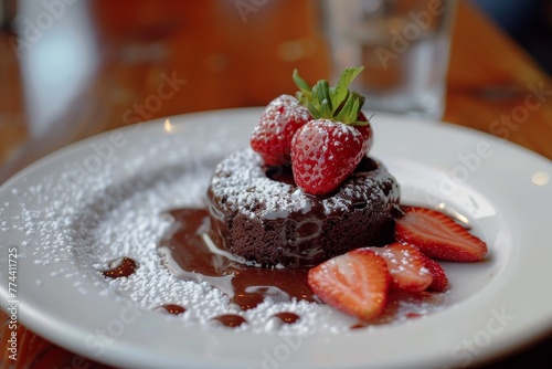 Chocolate lava cake with strawberries photo