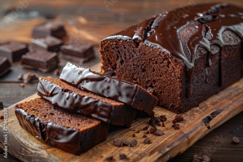 Chocolate pound cake slices with chocolate ganache on wooden backdrop Rich ambiance photo