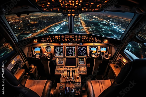 Inside view of an airplane cockpit with a glowing instrument panel. Generated by artificial intelligence