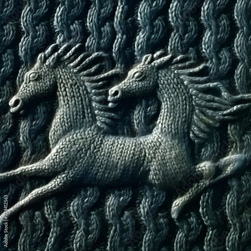 closeup of knitted sweater in wool yarn, the knitted two-dimensional pattern of the sweater depicts gnomes, unicorns, elks, and trolls in traditional 18th century Scandinavian style. © amelia