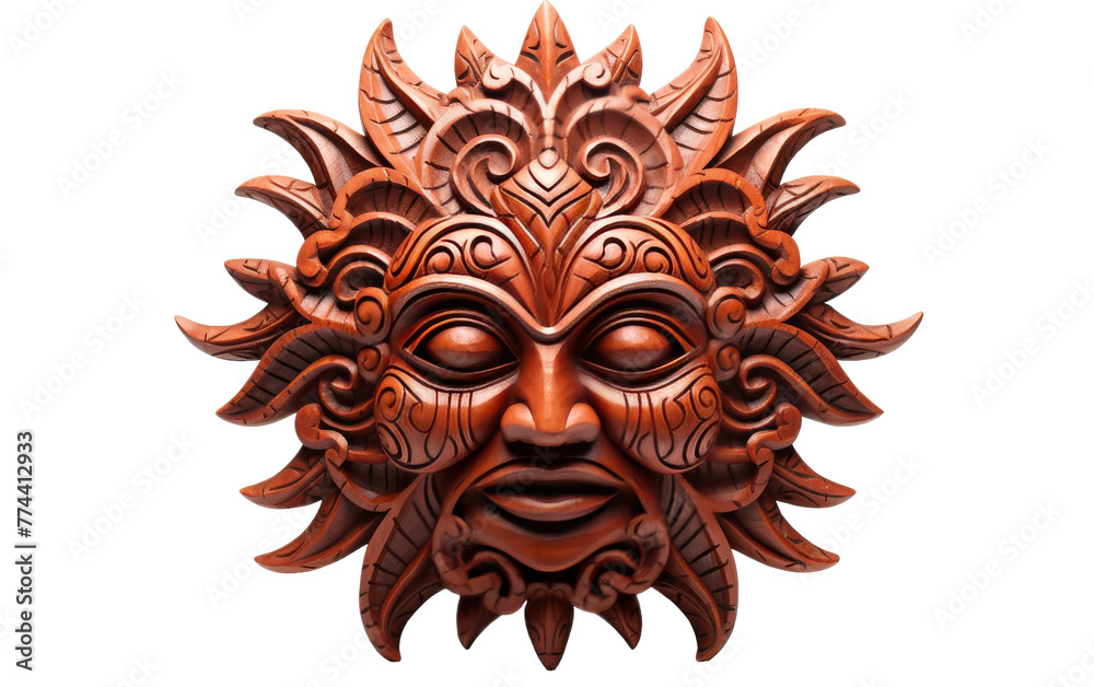 A wooden mask adorned with intricate designs and patterns, showcasing exquisite craftsmanship