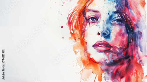 Beautiful woman face abstract watercolor illustration on the white  background with copy space. Portrait of girl for a beauty salon and fashion background. Cosmetology, beauty and spa,care concept.