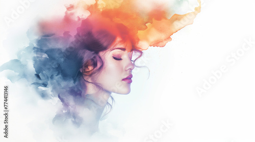 Beautiful woman face abstract watercolor illustration on the white  background with copy space. Portrait of girl for a beauty salon and fashion background. Cosmetology, beauty and spa,care concept.