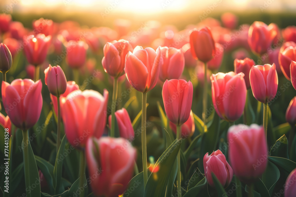 Beautiful tulip flowers blooming at a tulip field in the sunset light. Generative AI Beautiful tulip flowers blooming at a tulip field in the sunset light. Generative AI