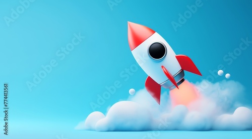 A fun cute cartoon rocket spaceship banner with a blue gradient background and copy space. In style of 3d rendering, blender, and C4D.  Holiday and birthday celebration greeting and party concept. 