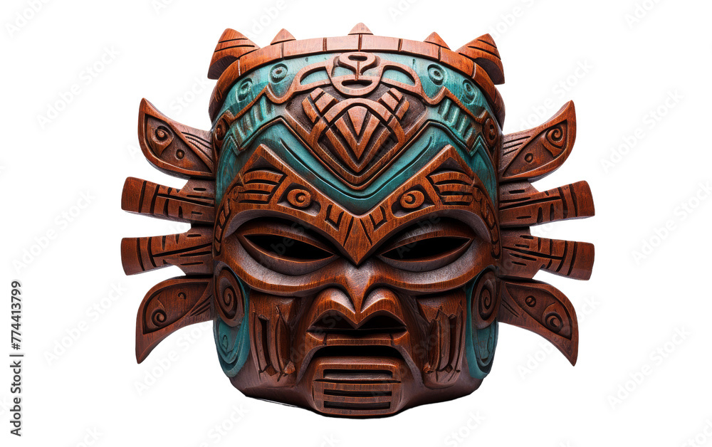 A wooden mask adorned with intricate designs, showcasing detailed craftsmanship and cultural significance