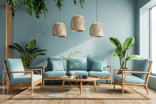 Scandinavian style soft blue living room with wooden furniture. Generative AI