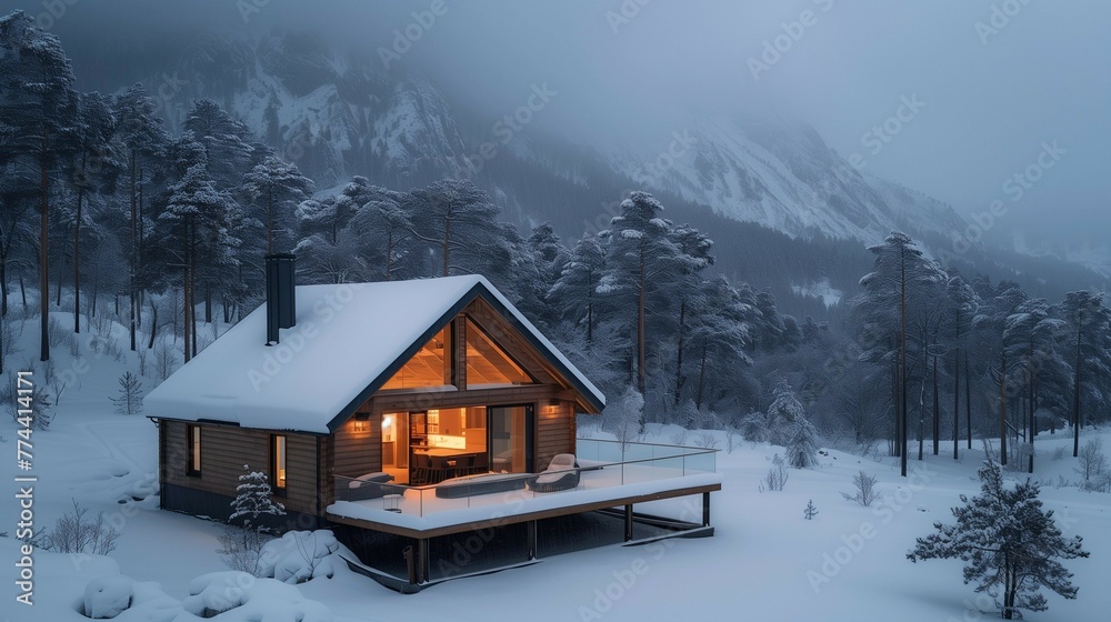 Cozy Nordic Retreat in Winter Wonderland, generative ai Cozy Nordic Retreat in Winter Wonderland, generative ai