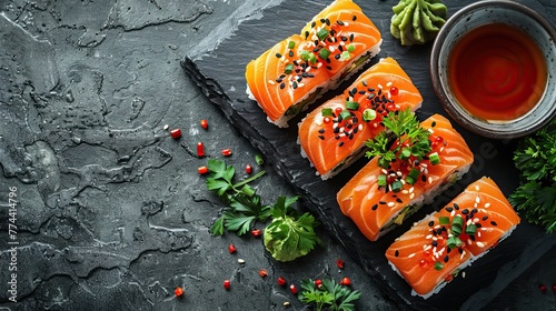 Beautiful sushi and rolls on a dark stone background. Food advertising. Banner, menu.