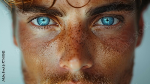 Intense Blue-Eyed Man in High-Key Lighting, generative ai © Matus