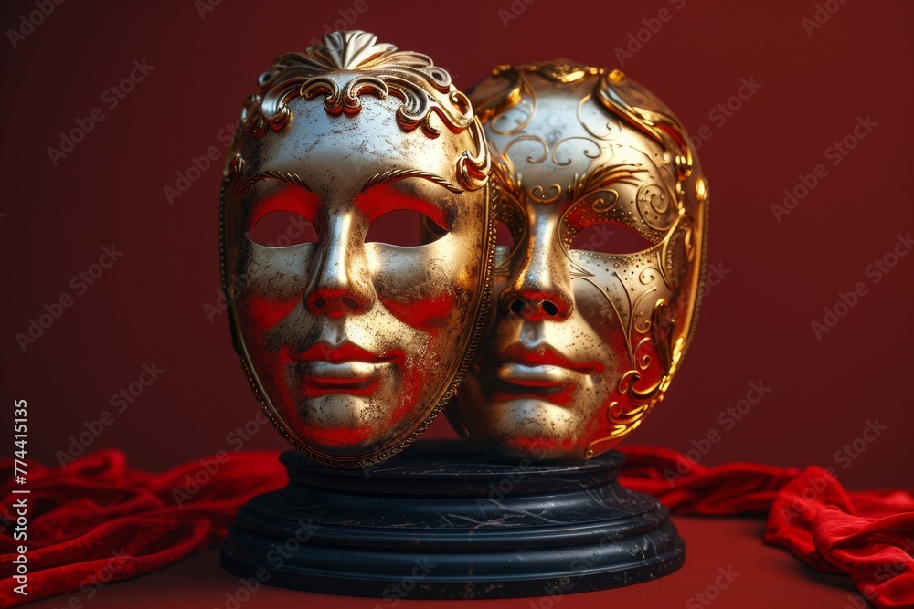 Theatrical masks made of gold. Comedy and tragedy, 3D modern icon.