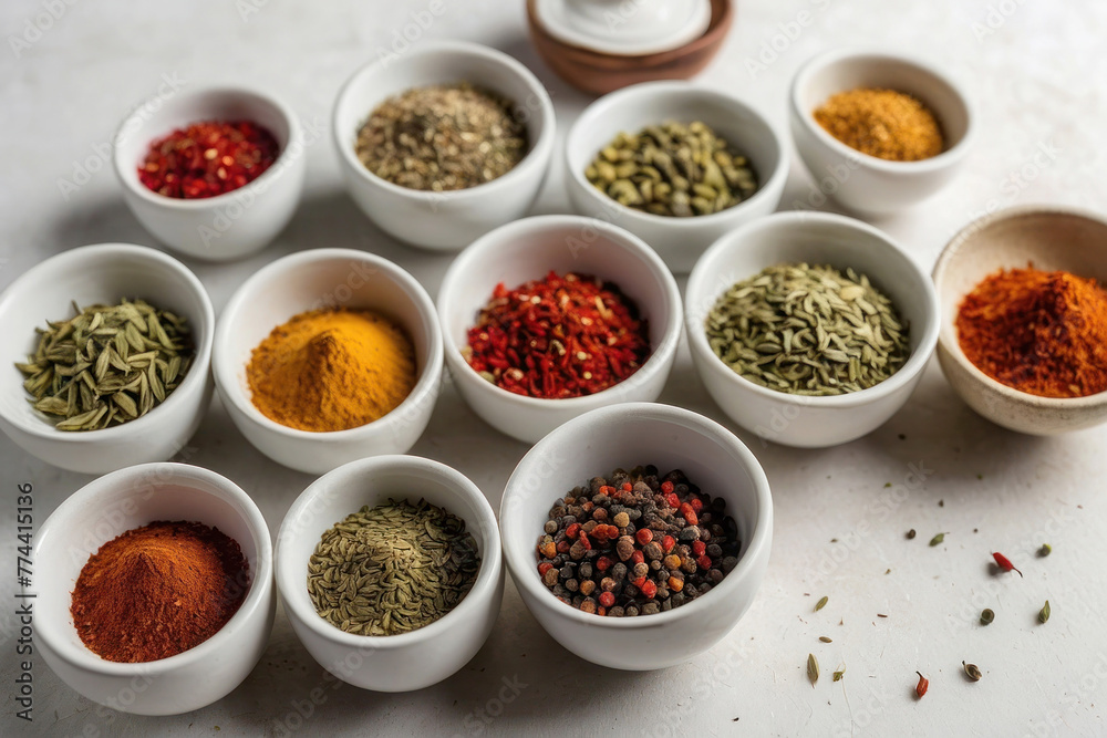 Top view of small white bowls with different colorful seasonings on a white background, advertising photo. Fragrant spices, cooking, spicy food.