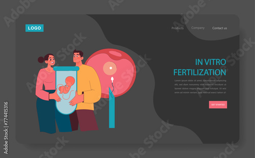 In vitro fertilization dark or night mode web, landing. Hopeful couple