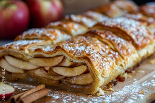 Close up homemade gourmet apple strudel pie