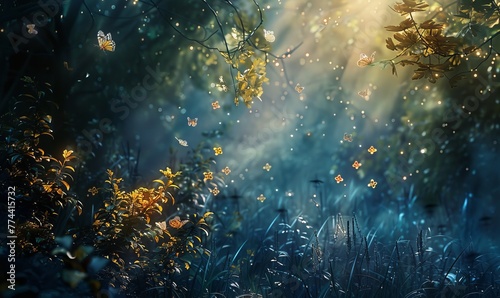 A forest scene with butterflies and leaves falling
