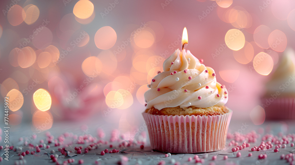 Birthday Cupcake with Candle on Pink Background with Blu
Birthday Cupcake with Candle on Pink Background with Blu