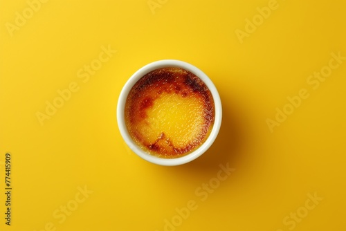 Close up of creme brulee in ramekin on yellow background French dessert known as burned cream Also called Spanish crema catalana Top view photo