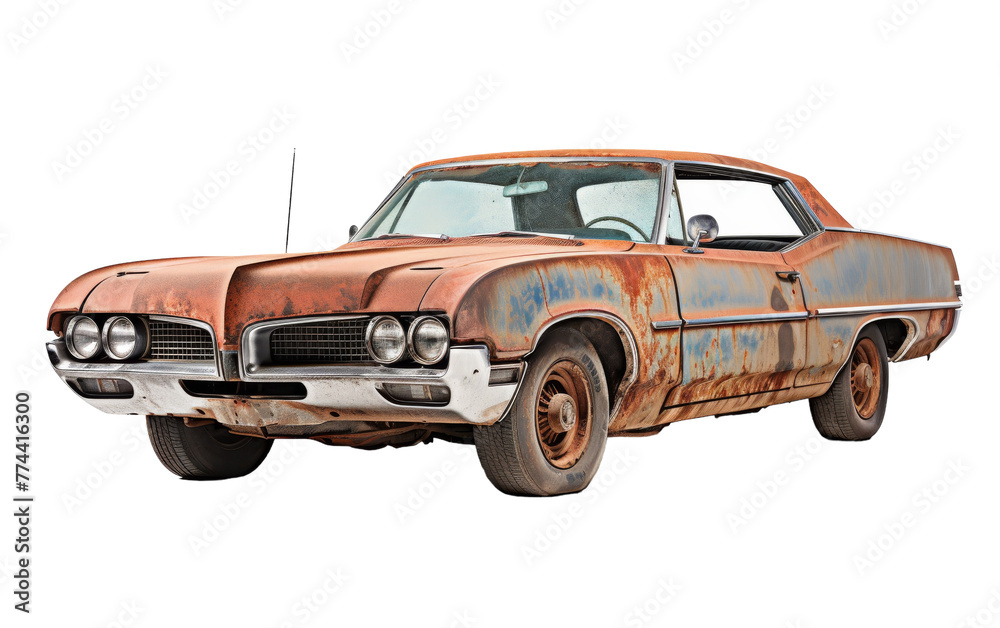 An old rusted car sits on a white background, showcasing its weathered beauty and history