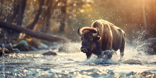 European bison crossing river splashing water dynamic wildlife scene endangered mammal species in wilderness . Concept Wildlife Photography, European Bison, River Crossing, Endangered Species photo