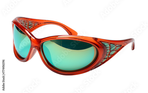 A pair of red sunglasses with green mirrored lenses reflects the world in vibrant colors