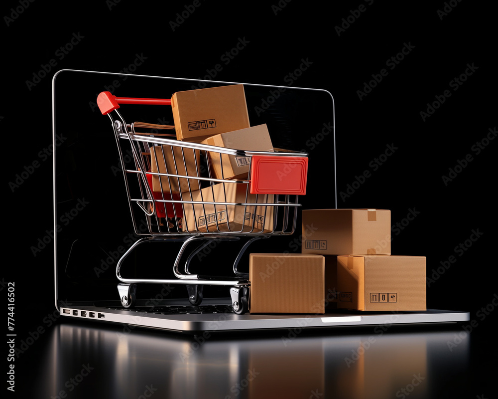 Enter the world of online shopping with our captivating image featuring a laptop and a cart brimming with boxes. Explore convenience and choice at your fingertips!