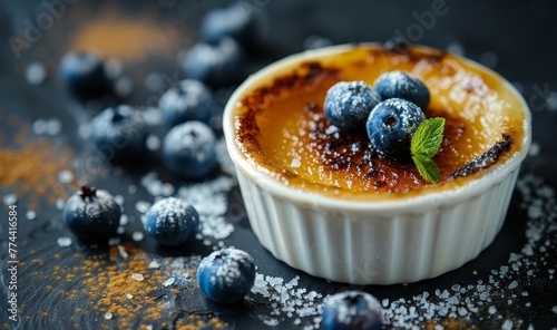 Close up photo of classic crème brûlée with vanilla beans blowtorch seared on dark surface with sugar and blueberries