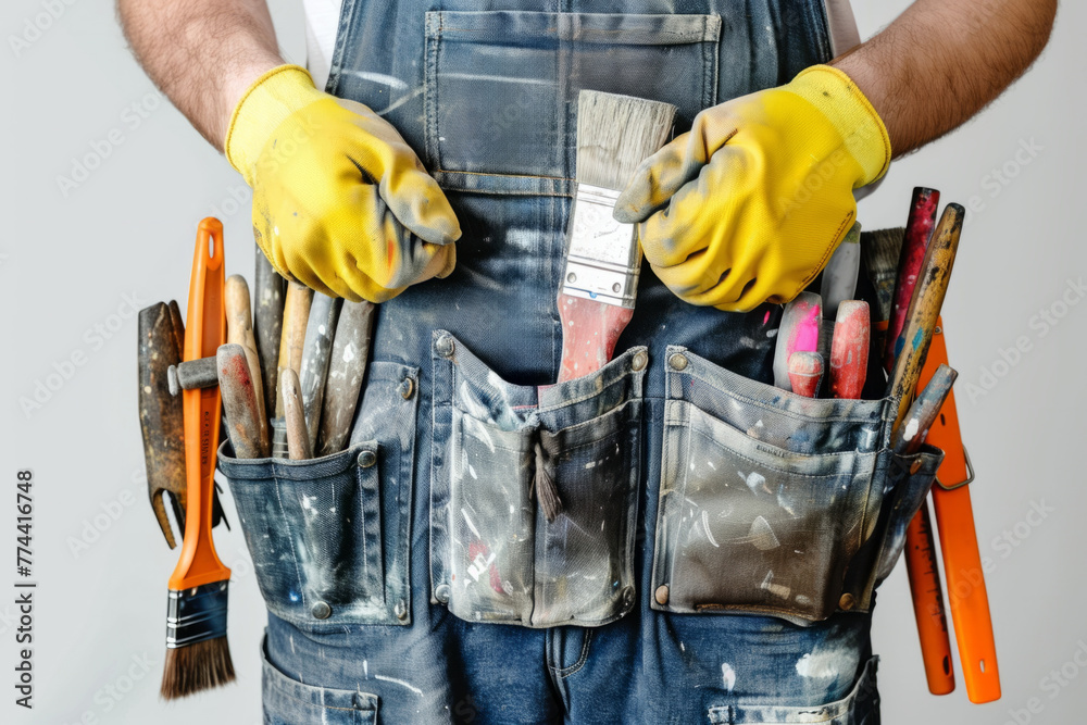A professional painter with his tools arranged on a white background A professional painter with his tools arranged on a white background